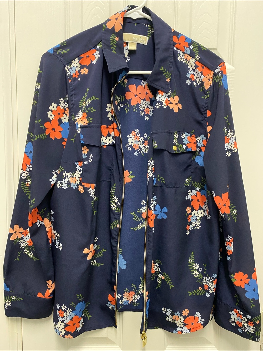 MICHAEL Michael Kors Navy Floral Utility Jacket with Orange & Blue Flowers